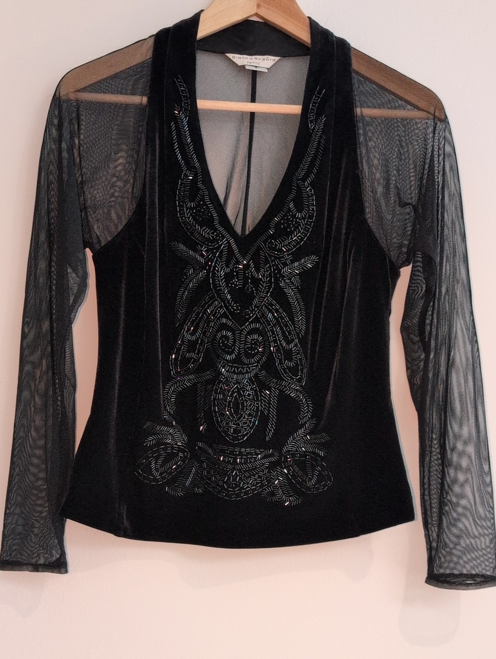 Black Velvet Beaded V-Neck Top with Sheer Sleeves Size 8P